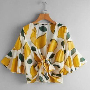 Shein Lemon Print Plunging Tie Crop Top